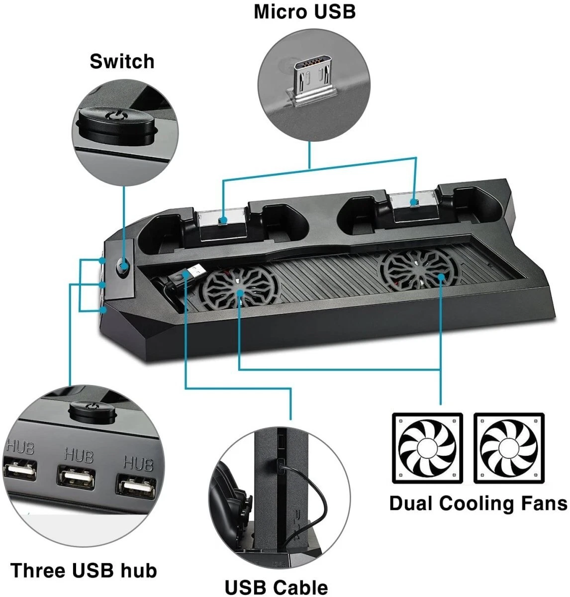 Vertical Stand for PS4 Slim PS4 with Cooling Fan for Playstation 4