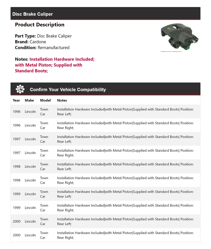 Pinza de freno de disco Cardone 1997 1998 1999 para Lincoln Town Car 1996-2000 Foto 2 de 4