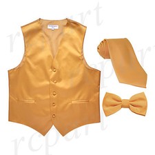 New Men's Solid Tuxedo Vest Waistcoat Necktie  Bowtie Set Party Prom Gold