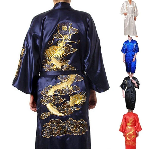 Mens Satin Chinese Dragon Kimono-Silk Bathrobe Pajamas Sleepwear Gown Bath Robe - Imagen 9 de 49