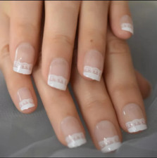 24 Short Press on nails kit w glue French Mani White lace design unique