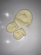 Newborn Hat And Mittens Set Handmade Crocheted Off-White Color New