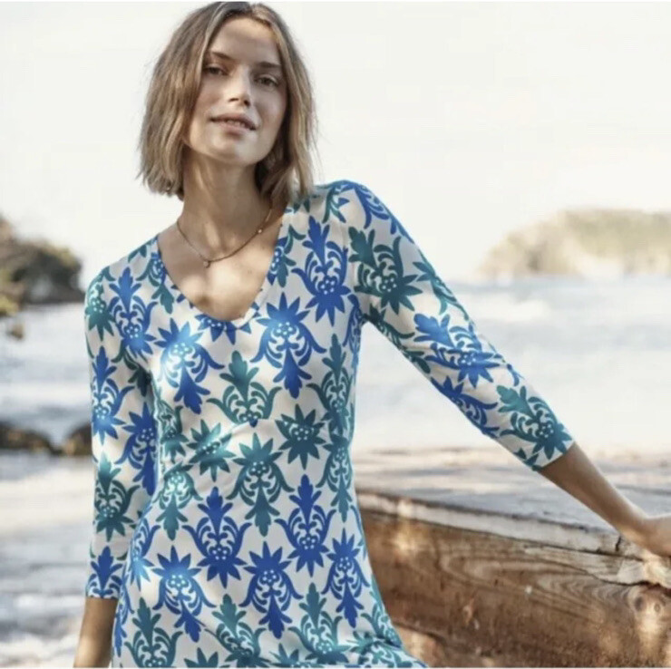 boden blue and white dress Blue & White Floral Chintz Hand Blockprinted Cotton Dress For Women – House  of Ekam main image 0
