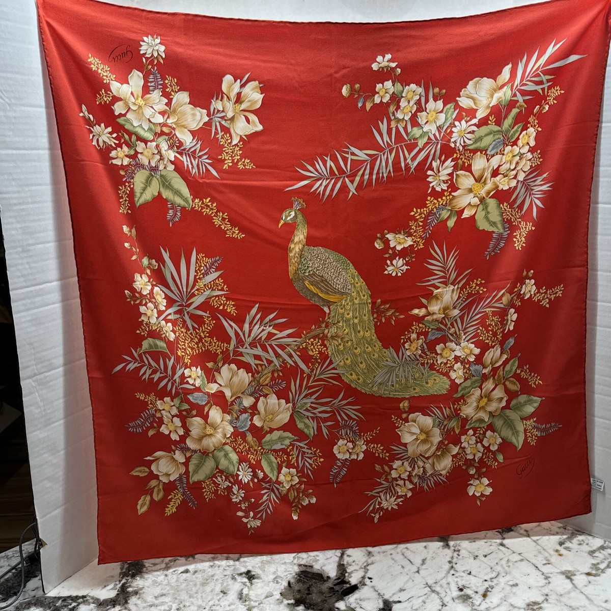 Vintage GUCCI Red Floral Peacock Motif Italy 100% Silk Scarf/Shawl