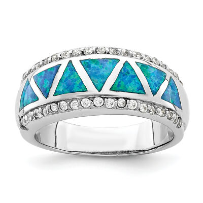 Silver  Triangle Lab Created Blue Opal & CZ Ring QR6991