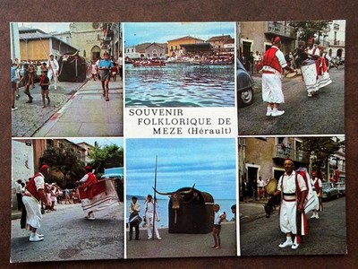 Carte postale card 10x15c MEZE HÉRAULT souvenir folklorique fête du boeuf joutes