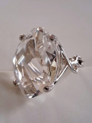 Swedish Rock Crystal Clear Quartz Faceted Ring Adjustable Size Sterling Silver 