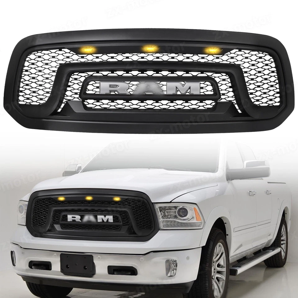 Grill for 2013-2018 Dodge Ram 1500 Front Grille Upper Bumper Mesh + Letters LED Foto 2 de 4