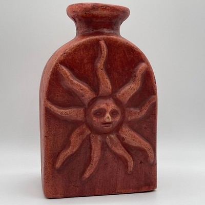 Terracotta Sun Face Vase Rustic Red Clay Celestial Pottery Decorative Vessel 7.5