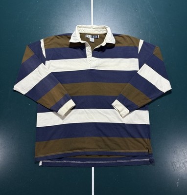 Vintage 90s Striped Rugby Shirt Men s Medium Brown Blue Long Sleeve Polo Preppy