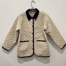 LL Bean Kids Quilted Jacket Girls size L 14 16 Tan Navy Corduroy Trim Equestrian