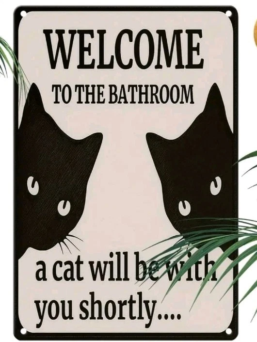 Divertido letrero de baño de gato negro con estampado de metal bienvenido un gato estará contigo Foto 3 de 4