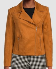 Tommy Hilfiger Women's Brown Faux-Suede Moto Long-Sleeve Jacket Coat Size 4