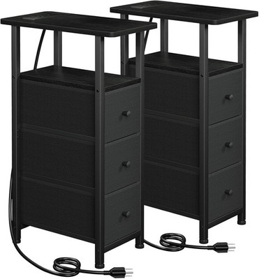 Narrow End Tables Living Room Set of 2 with Charging Station, Skinny Side Table