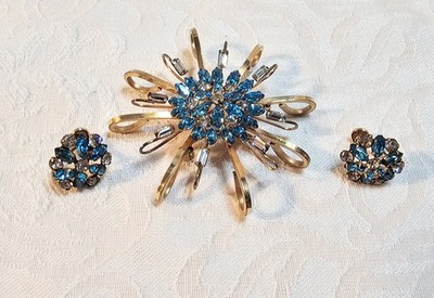 Beautiful Vintage Gold Filled Deri Blue And White Pendant/Brooch And Earring Set