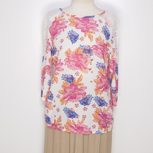 Patrizia Pepe Silk Blouse Red Blue Floral 3/4 Sleeve Lace Round Neck Size M - Picture 4 of 7
