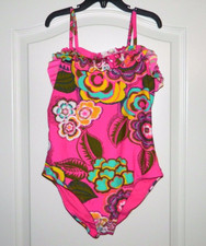 Girl's Old Navy Hot Pink Floral w/Ruffled Neckline One-Piece Swimsuit Size 14