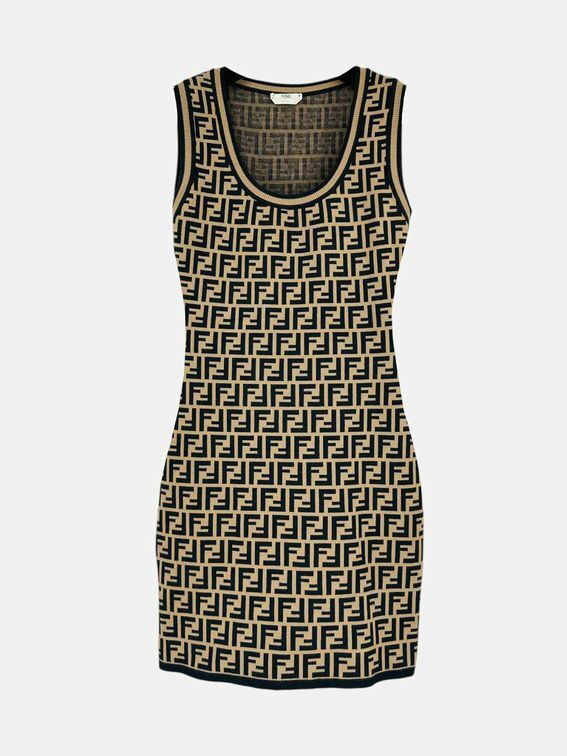 FENDI Jacquard Knit Beige & Black FF Motif Viscose Blend Size Small Short Dress