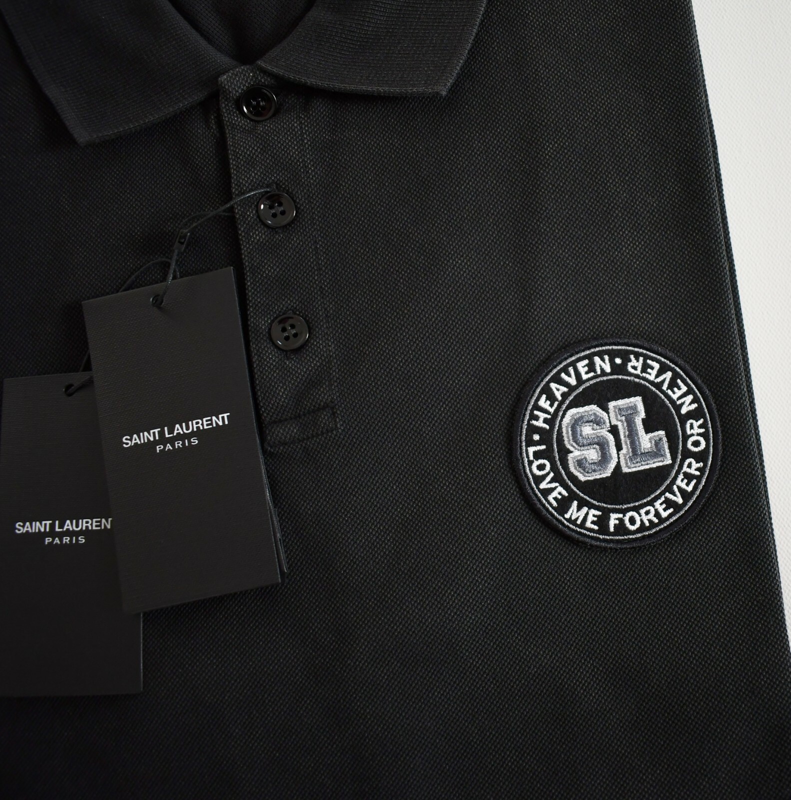 Nuova polo Saint Laurent Paris *LOVE ME FOREVER AND NEVER* nera in cotone S M