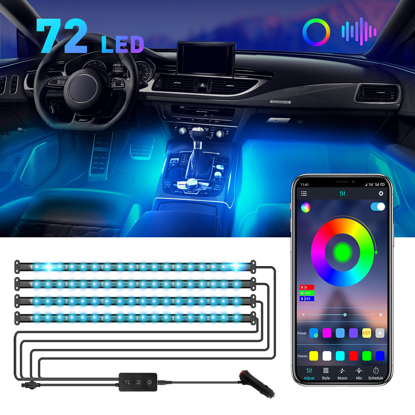 72LED RGB LED Lights Car Interior Accessories Floor Decor Atmosphere Strip Lamp