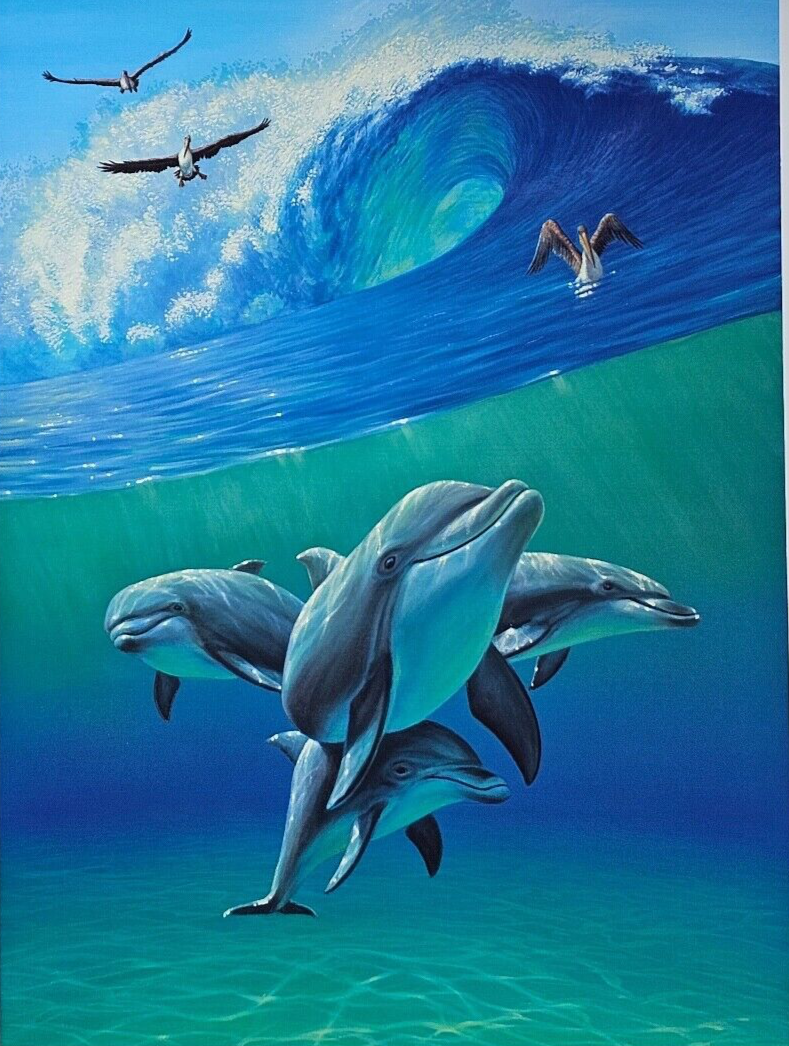 Dolphin Art Under the Waves 2 Dolphins Pelican hand signed #d