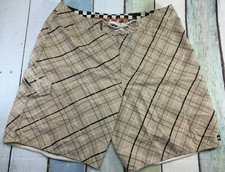 Quicksilver Board Shorts Surf Swim Mens Sz 38 TAN/BROWN PLAID, SIDE POCKET