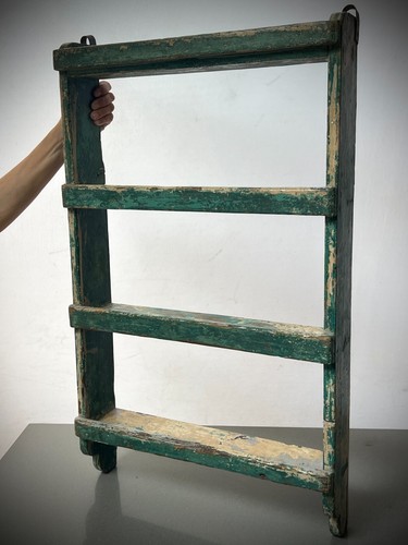 VINTAGE INDIAN SHELVING UNIT ART DECO DISTRESSED CAPPUCCINO GREEN & GREY TEAK - Picture 2 of 18