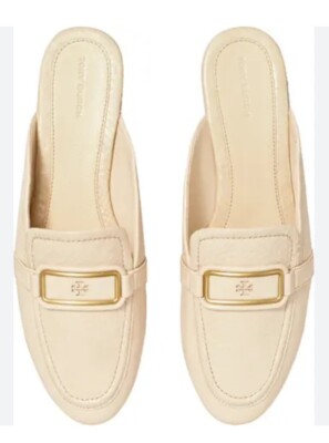 Tory Burch Ivory Leather Logo Georgia Mule Slip on Flat Shoes Sz