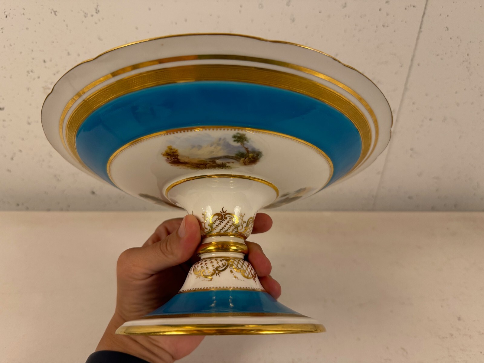 Antique Minton Porcelain Compote Blue Gold & Painted Landscape Scenes Decoration