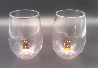 NEIMAN MARCUS Gingerbread Man and Women Stemless Wine Glasses