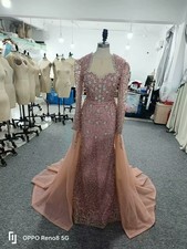 Pink Long Sleeves Evening Dresses Formal Beaded Sequins Mermaid Prom Party Gowns