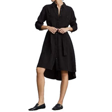 Everlane The City Stripe Draped Shirt Long Sleeve High Low Midi Dress Black S