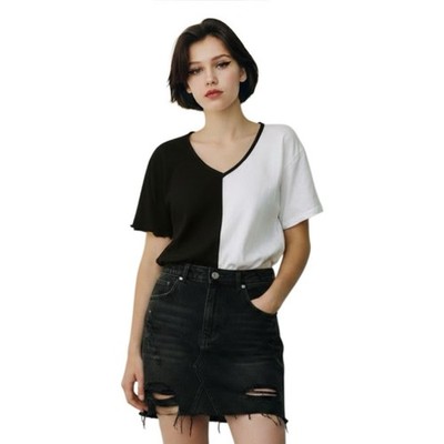 YMI COLLECTIONS M Half Black Half White Ribbed Tee Lettuce Trim 