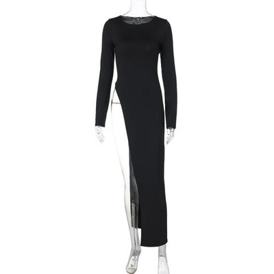 high slit club dress Women Long Sleeve Maxi Side Solid Party Streetwear Arabic Bridal Dresses,Arabic Dresses Color:Reindeer Wedding Dresses with Sleeves Fit Model is 59