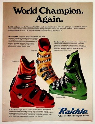 Vintage 1975 Raichle Ski Boots Ad World Champion Freestyle Comp Carrera