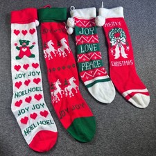 Vintage Lot Of 4 Acrylic Knit Christmas Stockings Reindeer Santa Pom Poms
