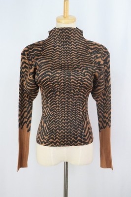 Authentic PLEATS PLEASE Brown/Black High Neck Long Sleeve Top 110 1772