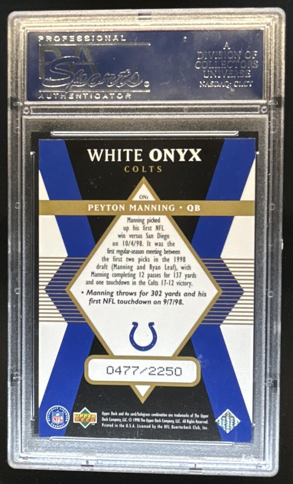 1998 Black Diamond Rookie Peyton Manning White Onyx RC #/2250 PSA 10 GEM MINT view 2