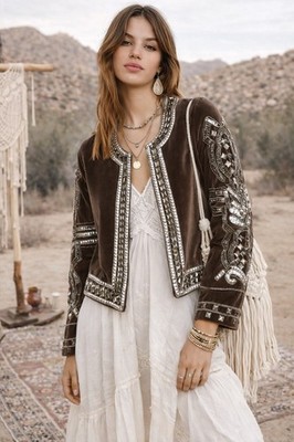 Velvet Graham & Spencer Brown Embellished Peggie Jacket Size Medium Boho NWT