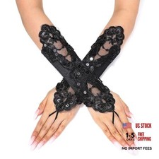 Satin Wedding Gloves with Sequin Lace and Beads - Short Fingerless Black