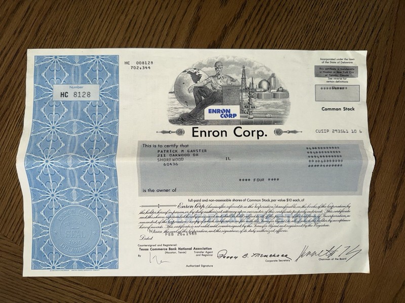 Enron Corp. Stock Certificate - Paper Stock Certificate - Kenneth Lay Fraud 1988