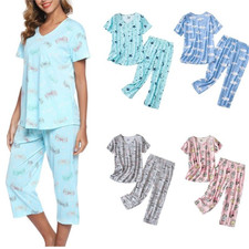 Ladies Capri Pyjamas Set Print V Neck Tops Pants Summer PJs Loungewear Plus Size