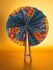West Africa Ankara Cloth and Leather Hand-held Fan - Hand-crafted - Colorful