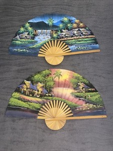 Large Bamboo Vintage Oriental Hand Painted 40” X 24” Wall Fan Lot Of 2 RARE!