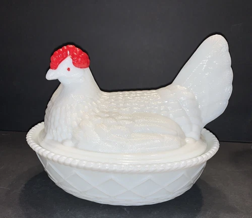 Vintage Hen On Nest Westmoreland Glass Rooster Chicken Milk Glass