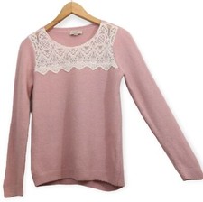 Loft Pink Soft Knit Lace Embroidered Round Neck Long Sleeve Sweater Sz XS Petite