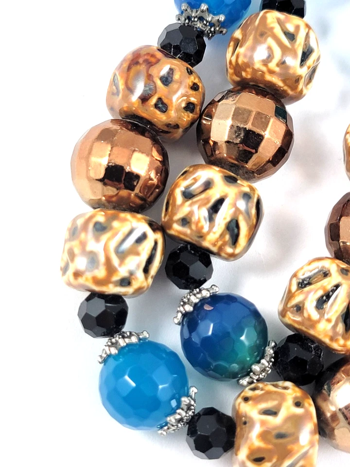 Collar Largo Cuentas Piedra Azul (¿Calcedonia?), cerámica marrón facetada de cobre Foto 4 de 4