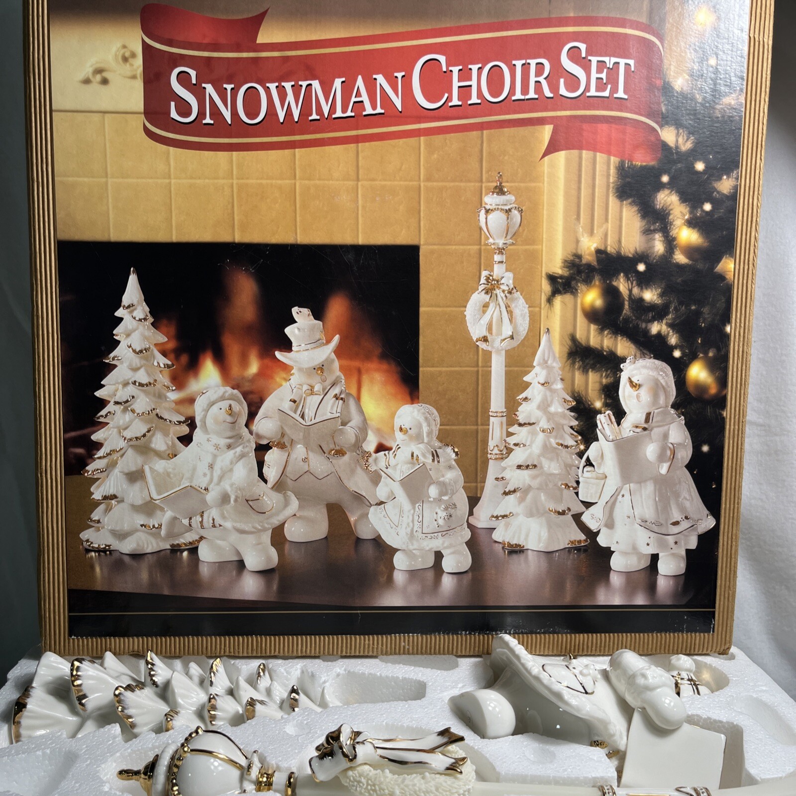 Members Mark Large 7 Piece Snowman Choir White & Gold Trimmed Porcelain Figures