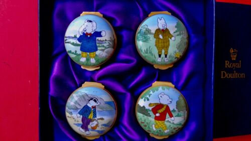 RUPERT BEAR  ROYAL DOULTON  4 X TRINKET BOXES VERY RARE  BEAUTIFULLY ENAMELLED - Picture 1 of 4