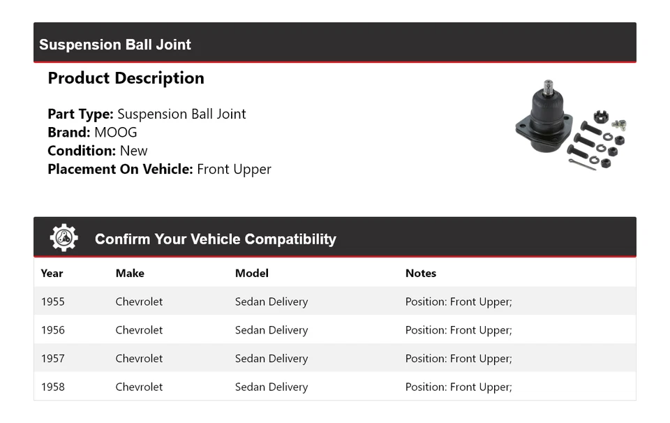 For 1955-1958 Chevrolet Sedan Delivery Suspension Ball Joint Front Upper MOOG - Image 2 of 4